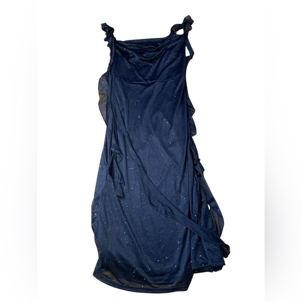 CIDER Navy Blue Glitter Cowl Neck Ruffle Mini Dress - XL